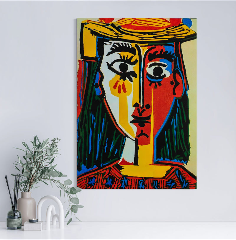 Head of a Woman in a Hat - Painted by Pablo Picasso - Circa. 1960. High Quality Polyester Cotton Canvas Print. Rolled Canvas Available in 3 Sizes - Small, Medium, or Large. Stretched Canvas Option Available in One (1) Large Size - 70cm x 100cm.