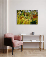 Tiger in a Tropical Storm - Painted by Henri Rousseau - Circa. 1891. High Quality Polyester Cotton Canvas. Ready to be Framed or Mounted. Available in One Large Size. 70cm X 100cm. Stretched Canvas Option Available in One (1) Large Size - 70cm x 100cm.