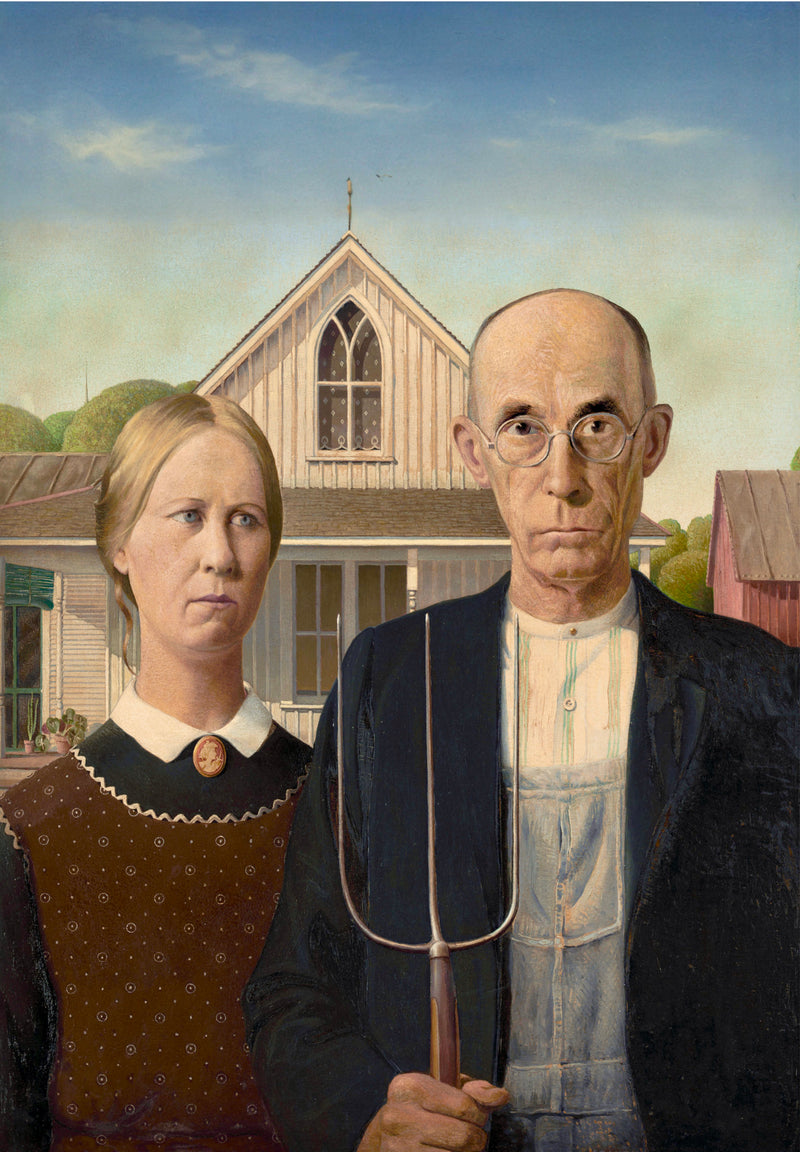 American Gothic - Painted by Grant Wood - Circa. 1930. High Quality Polyester Cotton Canvas Print. Ready to be Framed or Mounted. Available in One Large Size. 70cm X 100cm. Stretched Canvas Option Available in One (1) Large Size - 70cm x 100cm.