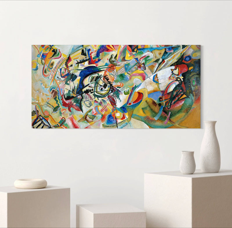 Composition VII - Painted by Wassily Kandinsky - Circa. 1913. High Quality 'Stretched' Polyester Cotton Canvas Print. Mounted on Wooden Inner Frame. Ready to Hang. Available in One (1) Large Size - 50cm x 100cm.