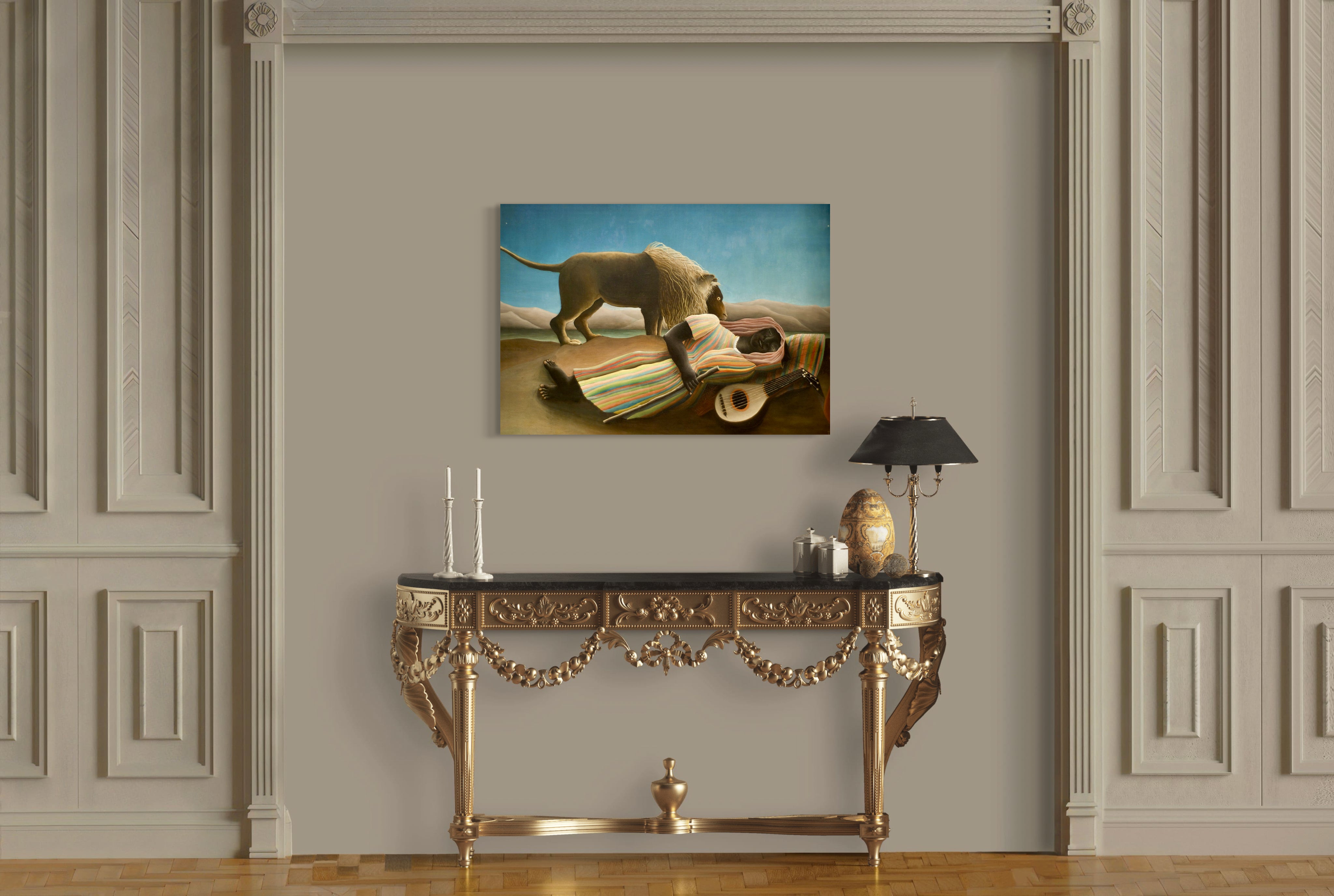 The Sleeping Gypsy - Painted by Henri Rousseau - Circa. 1897. High Quality Polyester Cotton Canvas Print. Ready to be Framed or Mounted. Available in One Large Size. 70cm X 100cm. Stretched Canvas Option Available in One (1) Large Size - 70cm x 100cm.