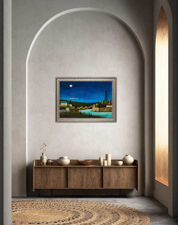 The Seine at Sureness - Painted by Henri Rousseau- Circa. 1925. Premium Gold & Silver Patinated Frame. Ready to Hang! Stunning Designer Statement! Available in 3 Sizes - Small - Medium & Large.