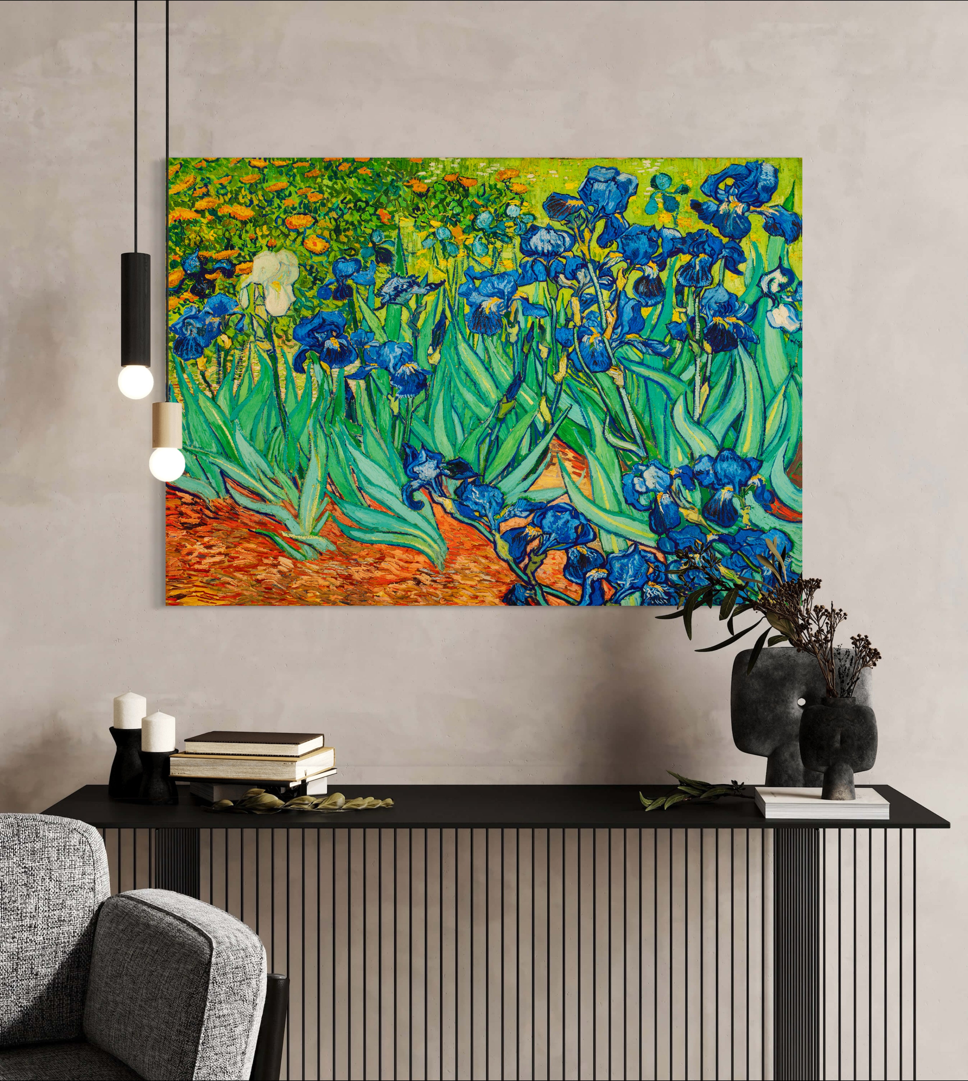 Irises - Painted by Vincent Van Gogh - Circa. 1890. High Quality Polyester Cotton Canvas Print. Rolled Canvas Available in 3 Sizes - Small, Medium, or Large. Stretched Canvas Option Available in One (1) Large Size - 70cm x 100cm.