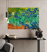 Irises - Painted by Vincent Van Gogh - Circa. 1890. High Quality Polyester Cotton Canvas Print. Rolled Canvas Available in 3 Sizes - Small, Medium, or Large. Stretched Canvas Option Available in One (1) Large Size - 70cm x 100cm.