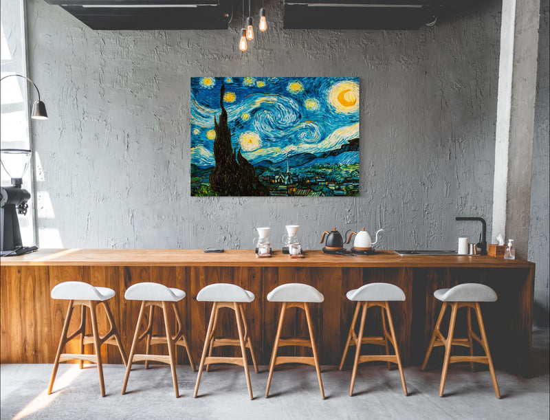 Swirling Starry Night - Painted by Vincent Van-Gogh - Circa. 1888. High Quality Polyester Cotton Canvas Print. Rolled Canvas Available in 3 Sizes - Small, Medium, or Large. Stretched Canvas Option Available in One (1) Large Size - 70cm x 100cm.