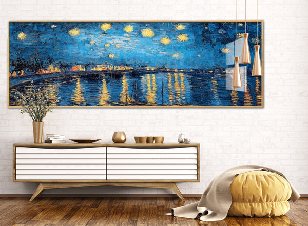 Crystal Porcelain Artwork - 'Starry Night Over The Rhone' by Van Gogh - Extra Large Size - 70cm X 210cm. Ready to Hang. Bold & Beautiful Designer Statement.