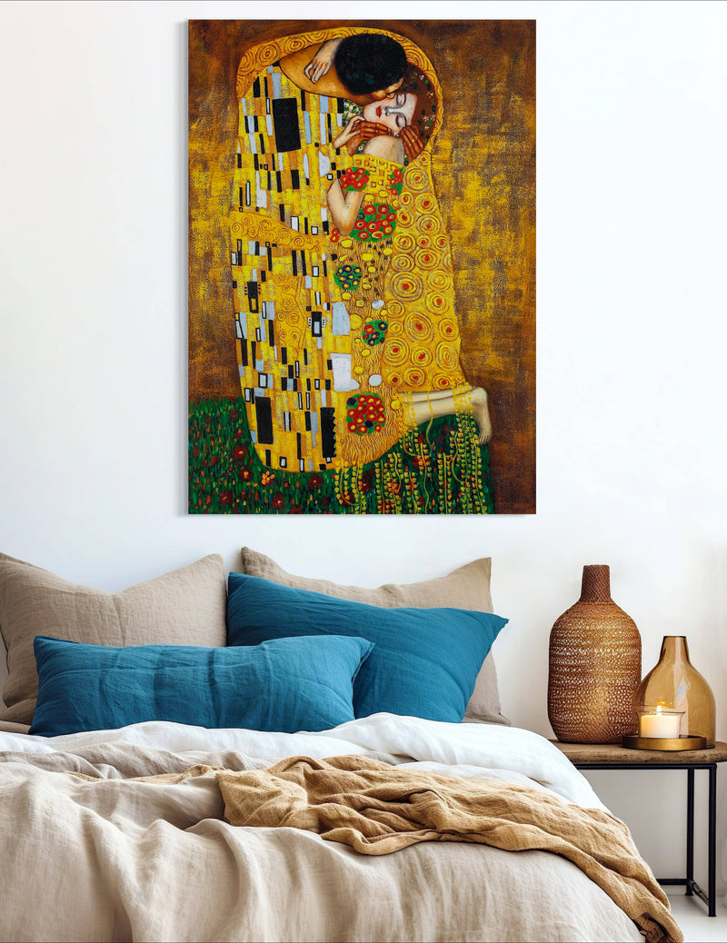 Kiss - Painted by Gustav Klimt - Circa. 1908. High Quality Polyester Cotton Canvas Print. Rolled Canvas Available in 3 Sizes - Small, Medium, or Large. Stretched Canvas Option Available in One (1) Large Size - 70cm x 100cm.