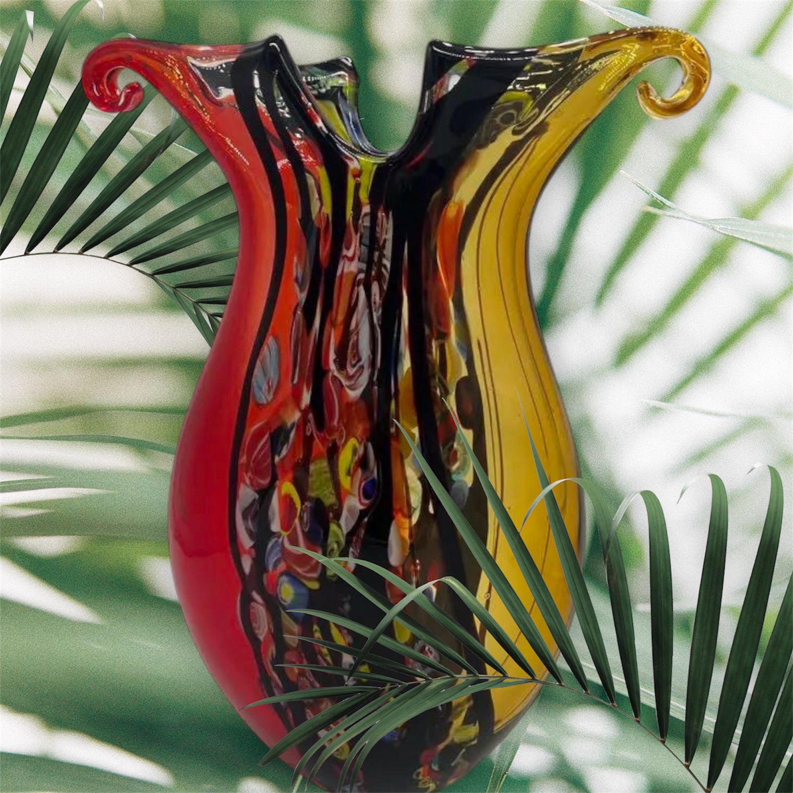 Art Deco “Rainbow” Hand Blown Murano Style 'Zibo' Glass Sculptured Flower Vase - Inspired by Pablo Picasso Cubist Design - 36cm Height