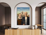 American Gothic - Painted by Grant Wood - Circa. 1930. High Quality Polyester Cotton Canvas Print. Ready to be Framed or Mounted. Available in One Large Size. 70cm X 100cm. Stretched Canvas Option Available in One (1) Large Size - 70cm x 100cm.