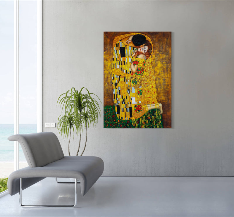 Kiss - Painted by Gustav Klimt - Circa. 1908. High Quality Polyester Cotton Canvas Print. Rolled Canvas Available in 3 Sizes - Small, Medium, or Large. Stretched Canvas Option Available in One (1) Large Size - 70cm x 100cm.