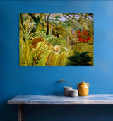 Tiger in a Tropical Storm - Painted by Henri Rousseau - Circa. 1891. High Quality Polyester Cotton Canvas. Ready to be Framed or Mounted. Available in One Large Size. 70cm X 100cm. Stretched Canvas Option Available in One (1) Large Size - 70cm x 100cm.