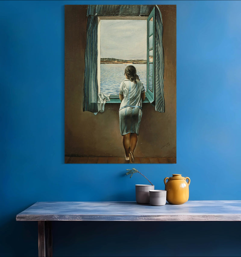 Young Woman at the Window - Painted by Salvador Dali - Circa. 1925. High Quality Polyester Cotton Canvas Print. Rolled Canvas Available in 3 Sizes - Small, Medium, or Large. Stretched Canvas Option Available in One (1) Large Size - 70cm x 100cm.