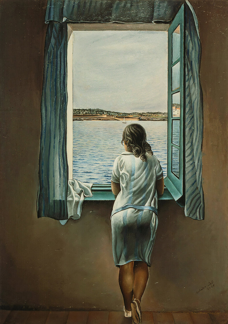 Young Woman at the Window - Painted by Salvador Dali - Circa. 1925. High Quality Polyester Cotton Canvas Print. Rolled Canvas Available in 3 Sizes - Small, Medium, or Large. Stretched Canvas Option Available in One (1) Large Size - 70cm x 100cm.