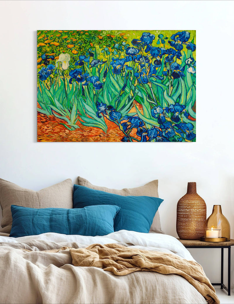 Irises - Painted by Vincent Van Gogh - Circa. 1890. High Quality Polyester Cotton Canvas Print. Rolled Canvas Available in 3 Sizes - Small, Medium, or Large. Stretched Canvas Option Available in One (1) Large Size - 70cm x 100cm.