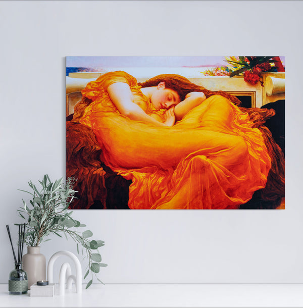 Flaming June - Painted by Frederic Leighton - Circa. 1895. High Quality Polyester Cotton Canvas Print. Rolled Canvas Available in 3 Sizes - Small, Medium, or Large. Stretched Canvas Option Available in One (1) Large Size - 70cm x 100cm.