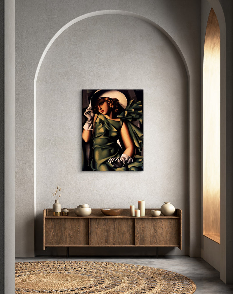 Young Lady with Gloves by Tamara de Lempicka Circa. 1930. High Quality 'Stretched' Polyester Cotton Canvas Print. Mounted on Wooden Inner Frame. Ready to Hang. Available in One (1) Large Size - 70cm x 100cm.