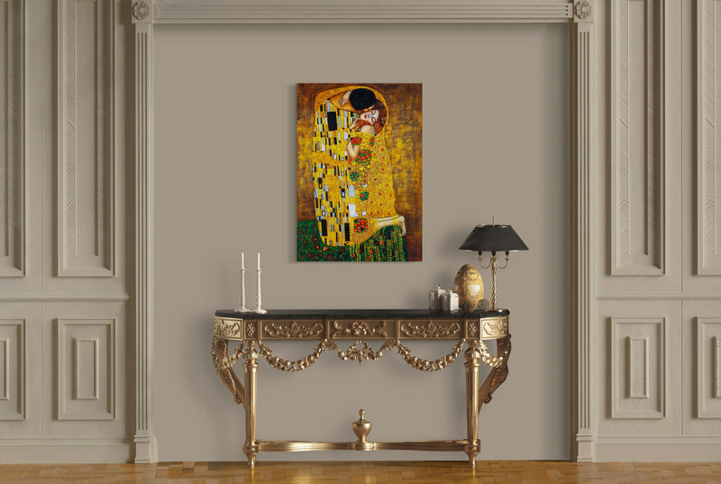 Kiss - Painted by Gustav Klimt - Circa. 1908. High Quality Polyester Cotton Canvas Print. Rolled Canvas Available in 3 Sizes - Small, Medium, or Large. Stretched Canvas Option Available in One (1) Large Size - 70cm x 100cm.