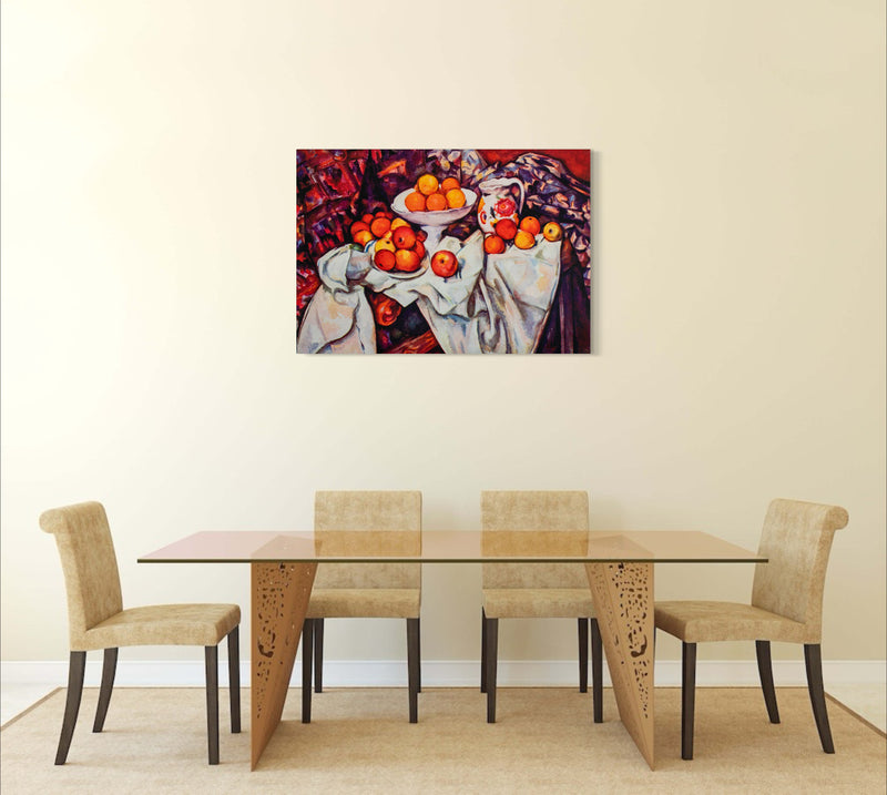 Still Life with Apples and Oranges - Painted by Paul Cezzane - Circa. 1884. High Quality Polyester Cotton Canvas Print. Ready to be Framed or Mounted. Available in 3 Sizes - Small - Medium or Large.