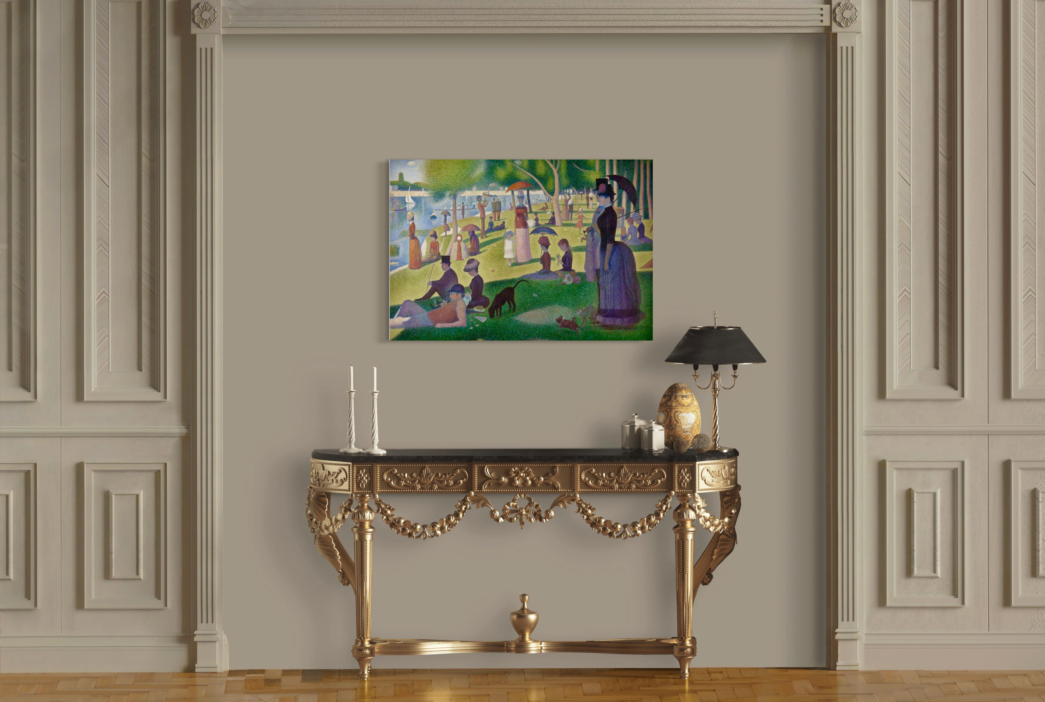 Sunday Afternoon on the Island of La Grande Jatte - Painted by Georges Seurat - Circa. 1884. High Quality Polyester Cotton Canvas Print. Ready to be Framed. Available in One Large Size. 70cm X 100cm. Stretched Canvas Option Available in One (1) Large Size
