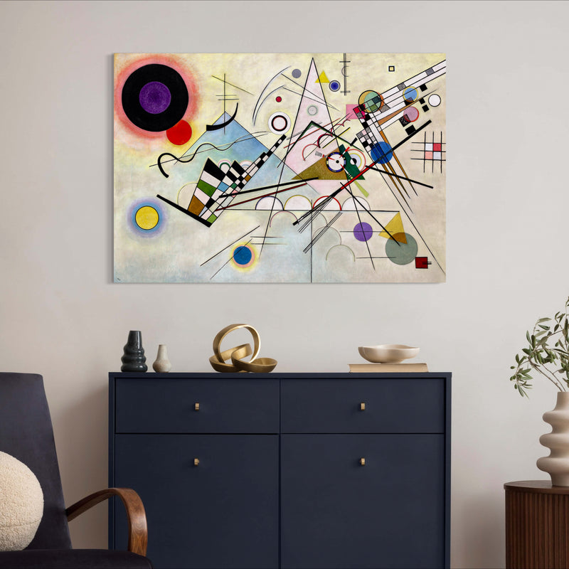 Composition VIII- Painted by Wassily Kandinsky - Circa. 1923. High Quality Polyester Cotton Canvas Print. Ready to be Framed. Available in One Large Size. 70cm X 100cm. Stretched Canvas Option Available in One (1) Large Size - 70cm x 100cm