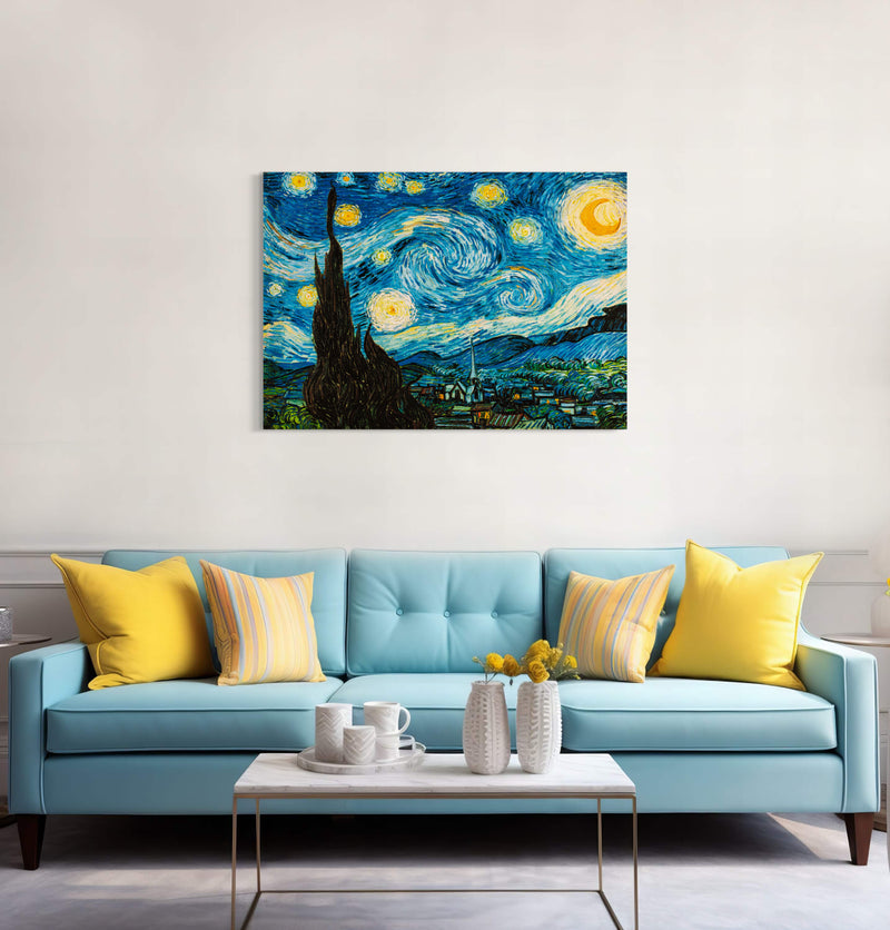 Swirling Starry Night - Painted by Vincent Van-Gogh - Circa. 1888. High Quality Polyester Cotton Canvas Print. Rolled Canvas Available in 3 Sizes - Small, Medium, or Large. Stretched Canvas Option Available in One (1) Large Size - 70cm x 100cm.