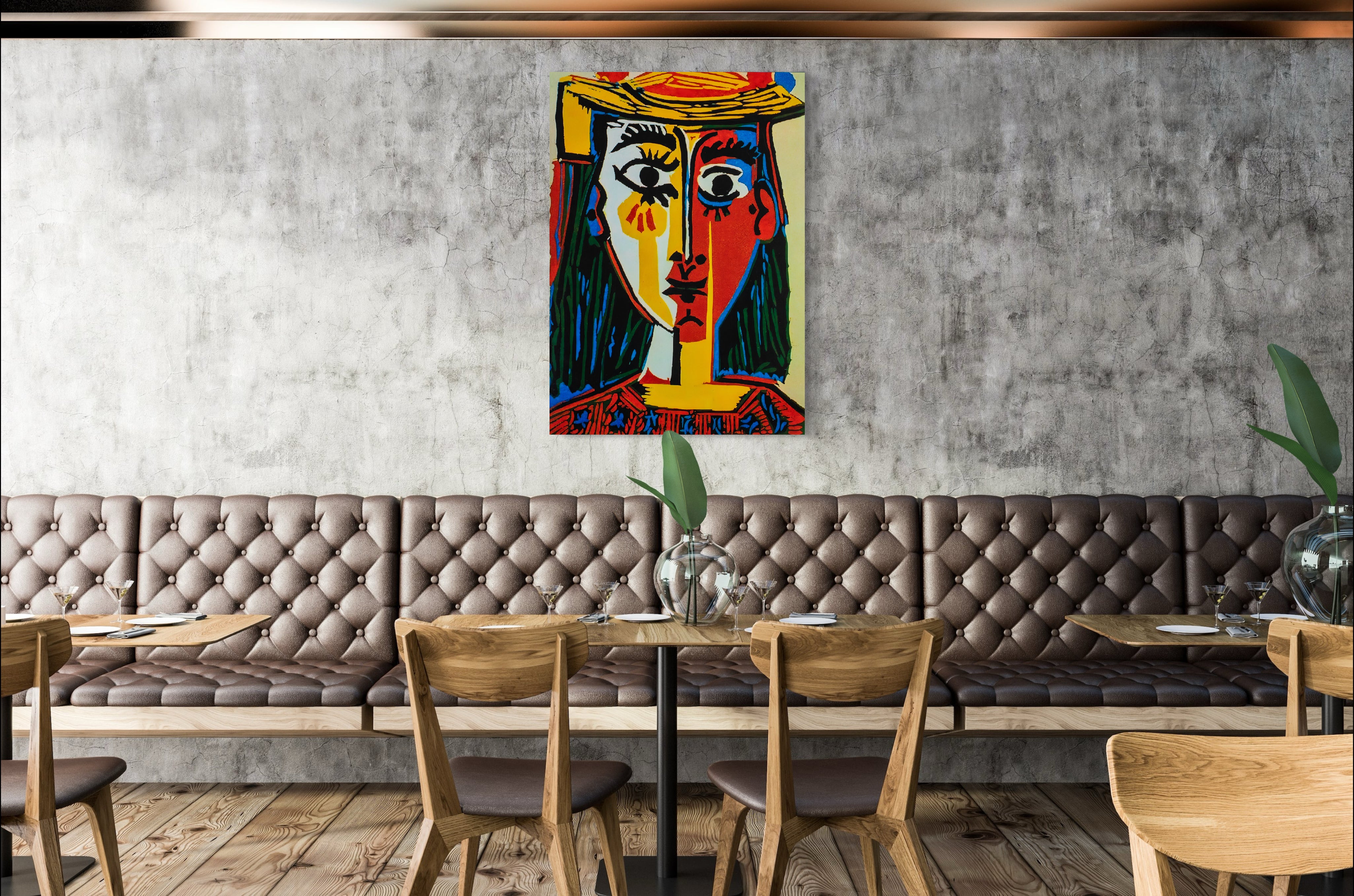 Head of a Woman in a Hat - Painted by Pablo Picasso - Circa. 1960. High Quality Polyester Cotton Canvas Print. Rolled Canvas Available in 3 Sizes - Small, Medium, or Large. Stretched Canvas Option Available in One (1) Large Size - 70cm x 100cm.