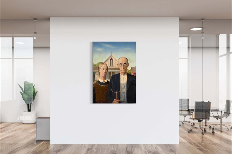 American Gothic - Painted by Grant Wood - Circa. 1930. High Quality Polyester Cotton Canvas Print. Ready to be Framed or Mounted. Available in One Large Size. 70cm X 100cm. Stretched Canvas Option Available in One (1) Large Size - 70cm x 100cm.