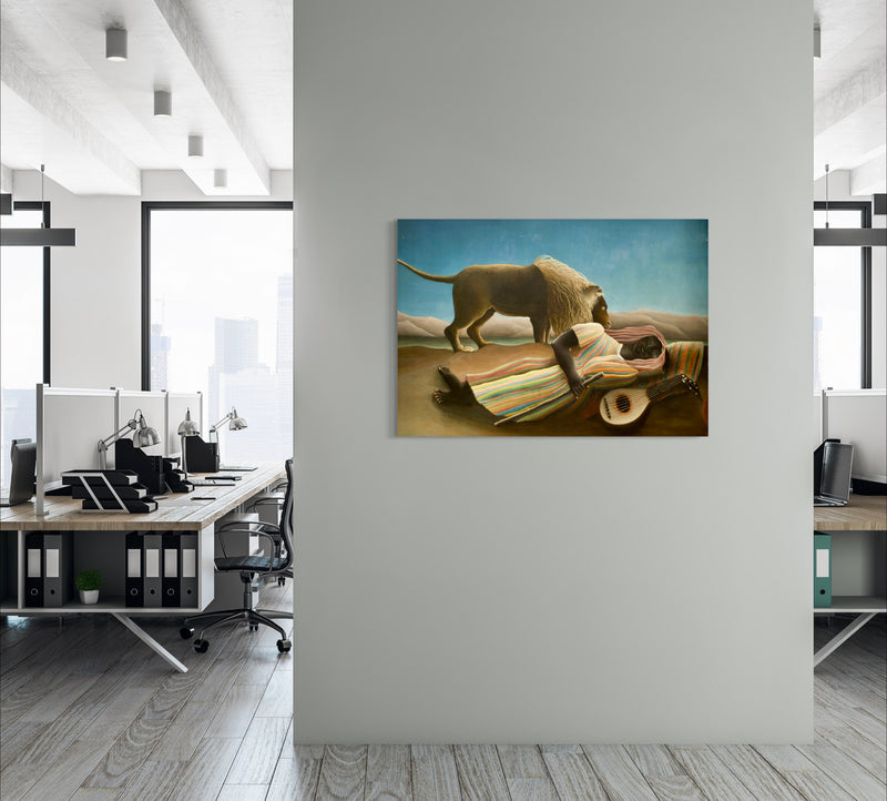 The Sleeping Gypsy - Painted by Henri Rousseau - Circa. 1897. High Quality Polyester Cotton Canvas Print. Ready to be Framed or Mounted. Available in One Large Size. 70cm X 100cm. Stretched Canvas Option Available in One (1) Large Size - 70cm x 100cm.