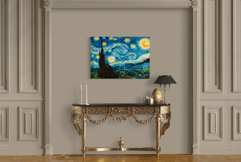 Swirling Starry Night - Painted by Vincent Van-Gogh - Circa. 1888. High Quality Polyester Cotton Canvas Print. Rolled Canvas Available in 3 Sizes - Small, Medium, or Large. Stretched Canvas Option Available in One (1) Large Size - 70cm x 100cm.