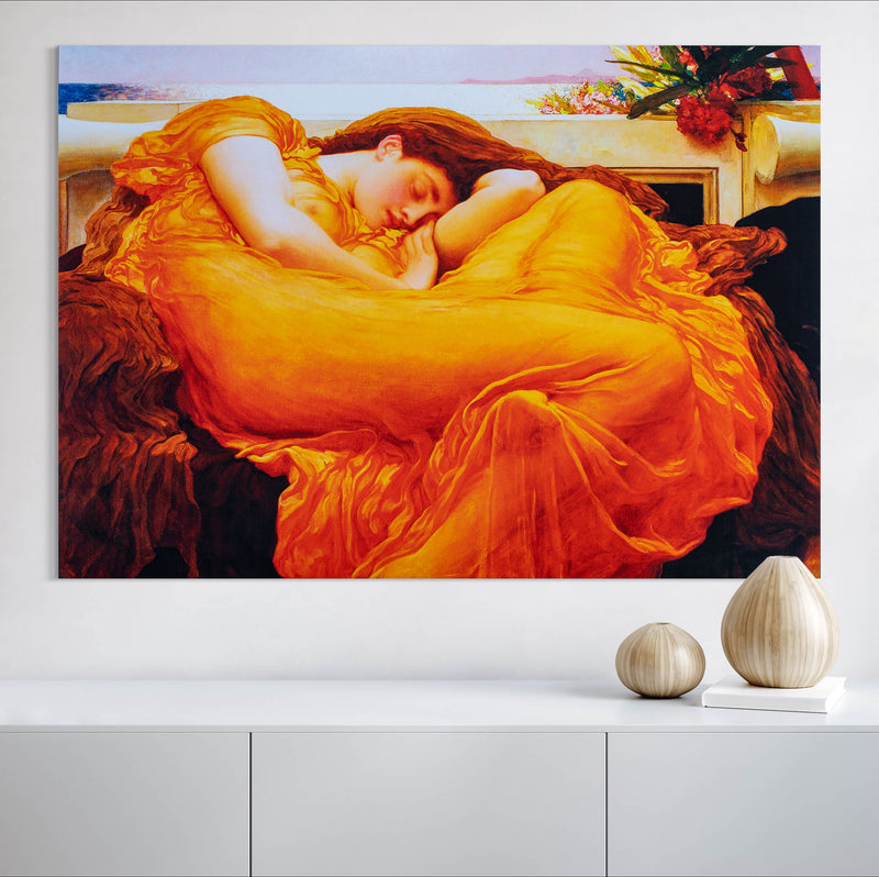 painting sleeping woman in orange dress Flaming June Wood Print by Frederic Leighton