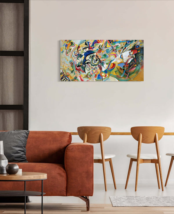 Composition VII - Painted by Wassily Kandinsky - Circa. 1913. High Quality 'Stretched' Polyester Cotton Canvas Print. Mounted on Wooden Inner Frame. Ready to Hang. Available in One (1) Large Size - 50cm x 100cm.