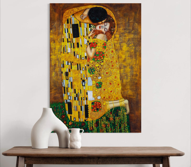 Kiss - Painted by Gustav Klimt - Circa. 1908. High Quality Polyester Cotton Canvas Print. Rolled Canvas Available in 3 Sizes - Small, Medium, or Large. Stretched Canvas Option Available in One (1) Large Size - 70cm x 100cm.