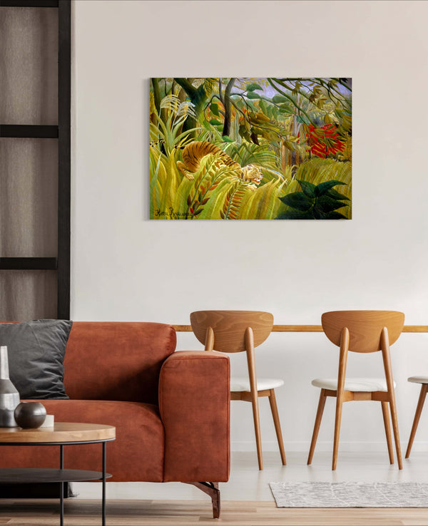 Tiger in a Tropical Storm - Painted by Henri Rousseau - Circa. 1891. High Quality Polyester Cotton Canvas. Ready to be Framed or Mounted. Available in One Large Size. 70cm X 100cm. Stretched Canvas Option Available in One (1) Large Size - 70cm x 100cm.