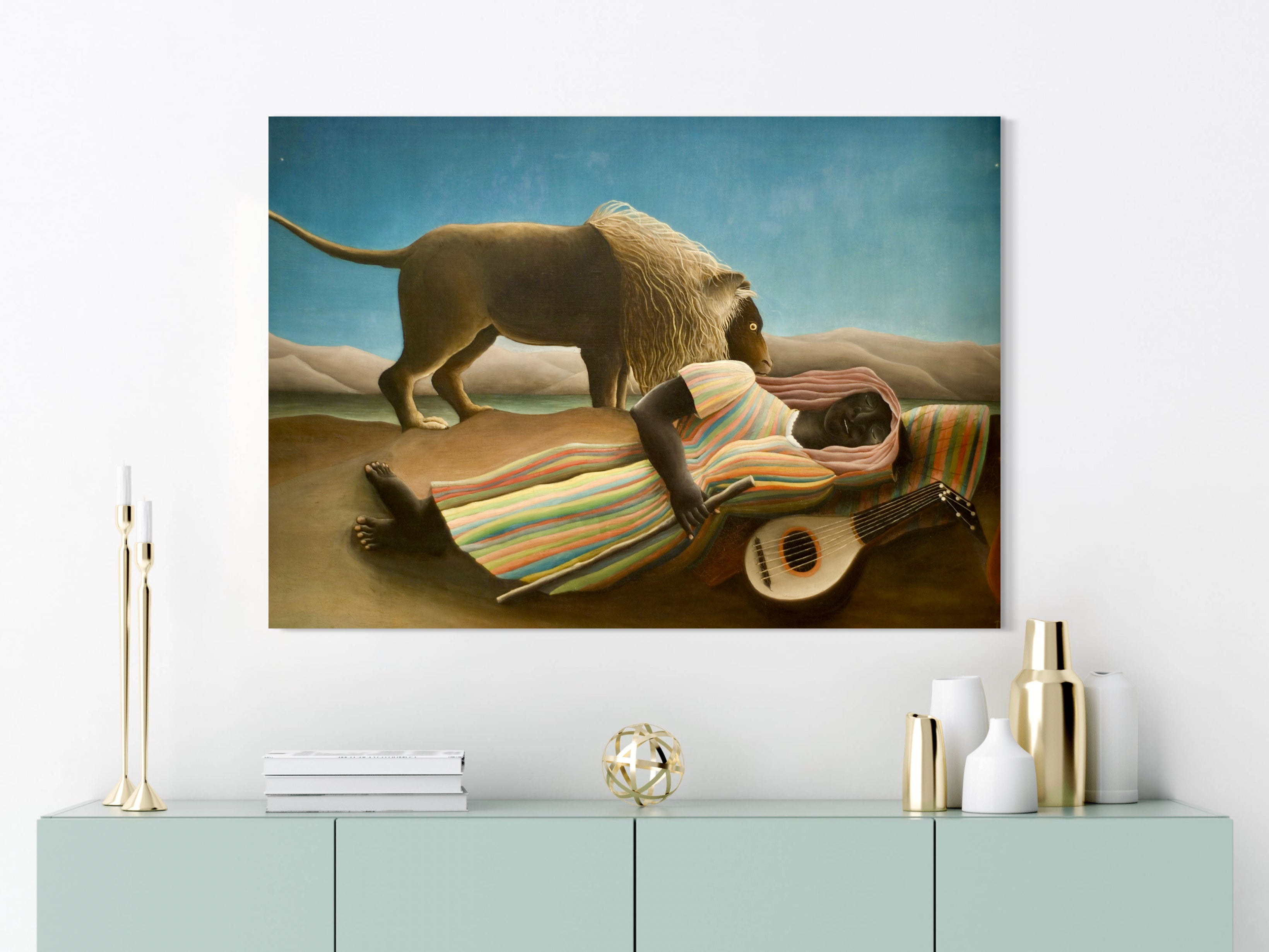 The Sleeping Gypsy - Painted by Henri Rousseau - Circa. 1897. High Quality Polyester Cotton Canvas Print. Ready to be Framed or Mounted. Available in One Large Size. 70cm X 100cm. Stretched Canvas Option Available in One (1) Large Size - 70cm x 100cm.