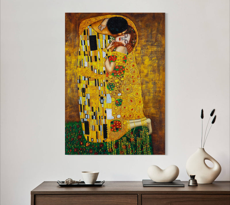 Kiss - Painted by Gustav Klimt - Circa. 1908. High Quality Polyester Cotton Canvas Print. Rolled Canvas Available in 3 Sizes - Small, Medium, or Large. Stretched Canvas Option Available in One (1) Large Size - 70cm x 100cm.