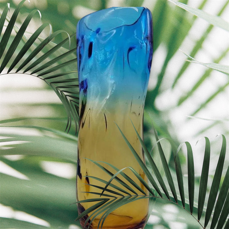 Art Deco “Blue Moon” Hand Blown Murano Style 'Zibo' Glass Sculptured Flower Vase - Inspired by Pablo Picasso Cubist Design - 32cm Height