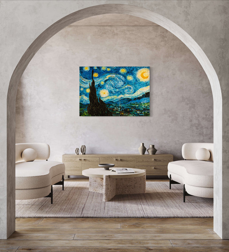 Swirling Starry Night - Painted by Vincent Van-Gogh - Circa. 1888. High Quality Polyester Cotton Canvas Print. Rolled Canvas Available in 3 Sizes - Small, Medium, or Large. Stretched Canvas Option Available in One (1) Large Size - 70cm x 100cm.