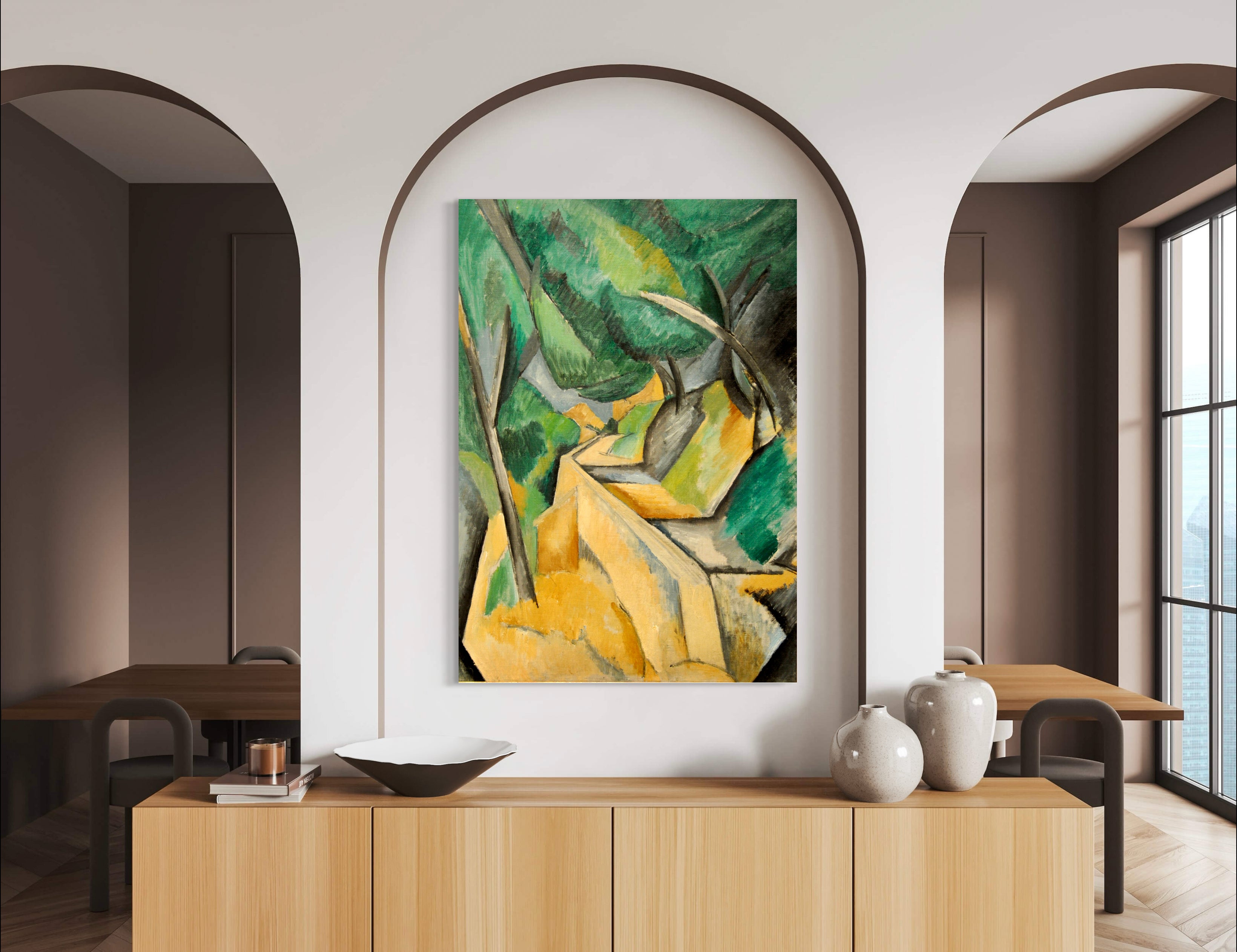 Road near L'Estaque - Painted by Georges Braque - Circa. 1908. High Quality Polyester Cotton Canvas Print. Ready to be Framed. Available in One Large Size. 70cm X 100cm. Stretched Canvas Option Available in One (1) Large Size - 70cm x 100