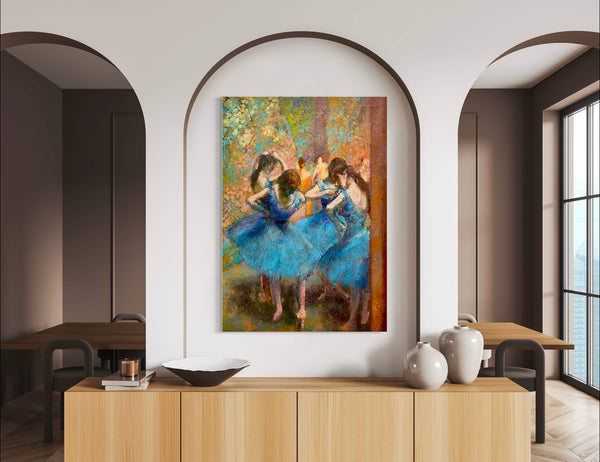 Dancers in Blue - Painted by Edgar Degas - Circa. 1895. High Quality Polyester Cotton Canvas Print. Ready to be Framed. Available in One Large Size. 70cm X 100cm. Stretched Canvas Option Available in One (1) Large Size - 70cm x 100