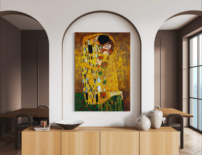 Kiss - Painted by Gustav Klimt - Circa. 1908. High Quality Polyester Cotton Canvas Print. Rolled Canvas Available in 3 Sizes - Small, Medium, or Large. Stretched Canvas Option Available in One (1) Large Size - 70cm x 100cm.