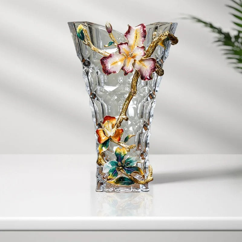 Art Deco “Epiphany” Glass Enameled Sculptured Flower Vase - Inspired Design by Tiffany - 35cm Height. Bold & Beautiful.