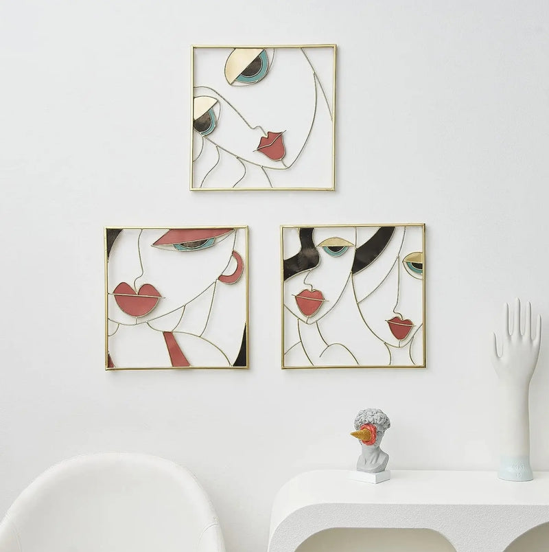 Exquisite 'Cubist' Art Deco Wall Decoration - Set of 3 Gold Metal Panels - Picasso Inspired - Hand Made - Stylish & Beautiful! Size 33cm Square.