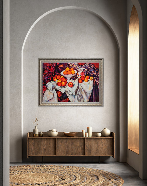 Still Life with Apples and Oranges - Painted by Paul Cezzane - Circa. 1884. Premium Gold & Silver Patinated Frame. Ready to Hang! Stunning Designer Statement! Available in 3 Sizes - Small - Medium & Large.