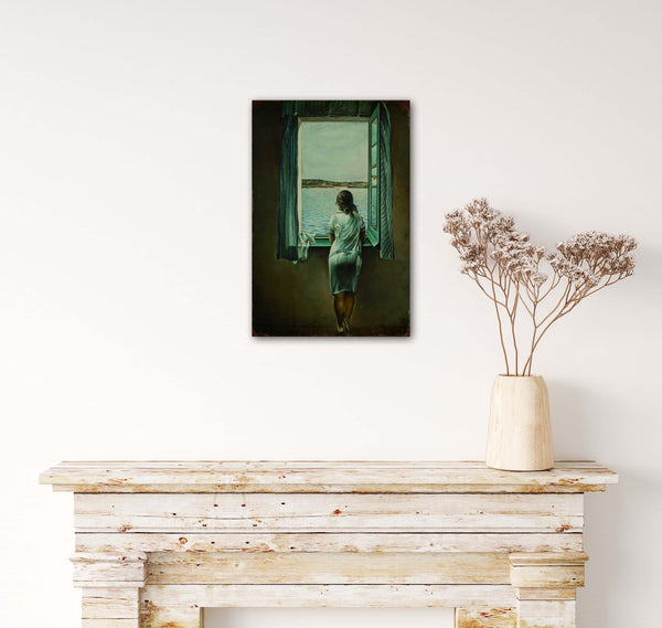 Girl at Window by Dali - Retro Metal Art Decor - Wall Mount or Free Standing on Console Table -  Size is 8'' X 12"