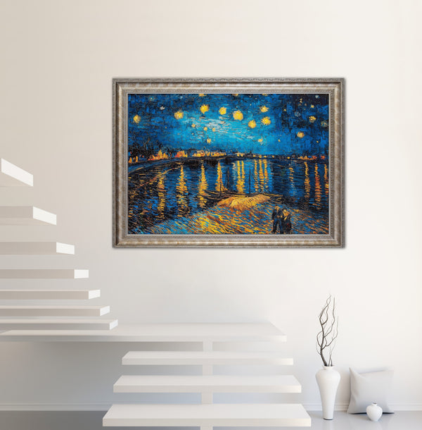 A Starry Night - Painted by Vincent Van-Gogh - Circa. 1888. Premium Gold & Silver Patinated Frame. Ready to Hang! Stunning Designer Statement! Available in 3 Sizes - Small - Medium & Large.