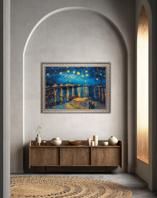 A Starry Night - Painted by Vincent Van-Gogh - Circa. 1888. Premium Gold & Silver Patinated Frame. Ready to Hang! Stunning Designer Statement! Available in 3 Sizes - Small - Medium & Large.