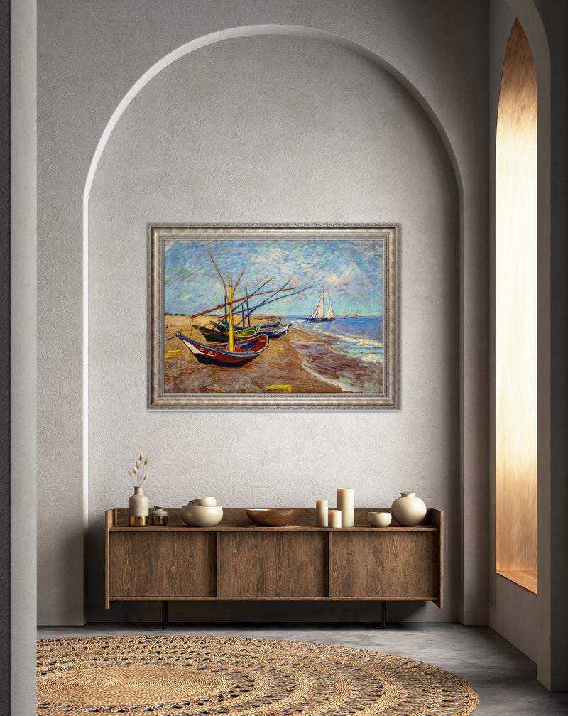 Fishing Boats on the Beach - Painted by Vincent Van Gogh - Circa. 1890. Premium Gold & Silver Patinated Frame. Ready to Hang! Stunning Designer Statement! Available in 3 Sizes - Small - Medium & Large.h