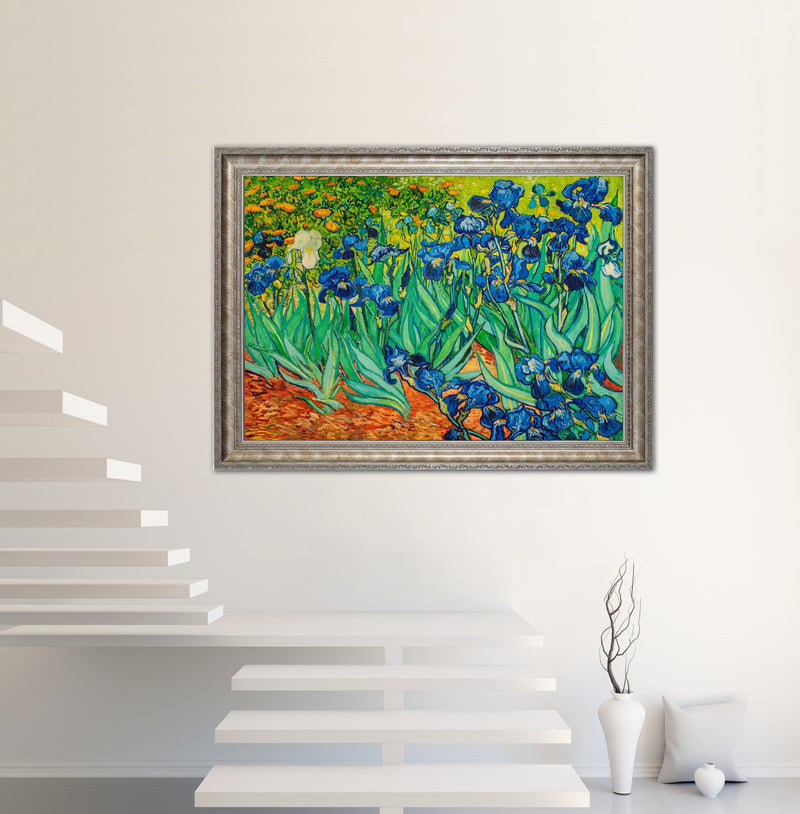 Irises - Painted by Vincent Van Gogh - Circa. 1890. Premium Gold & Silver Patinated Frame. Ready to Hang! Stunning Designer Statement! Available in 3 Sizes - Small - Medium & Large.