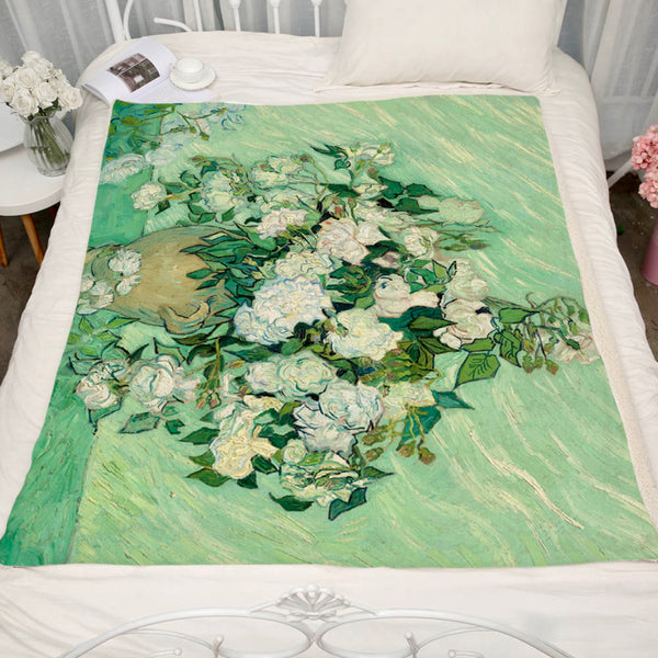 Classic Vincent Van Gogh "Stylish" Blanket or Throw - Vase with Pink Roses Artwork/Theme. 150cm X 200cm.
