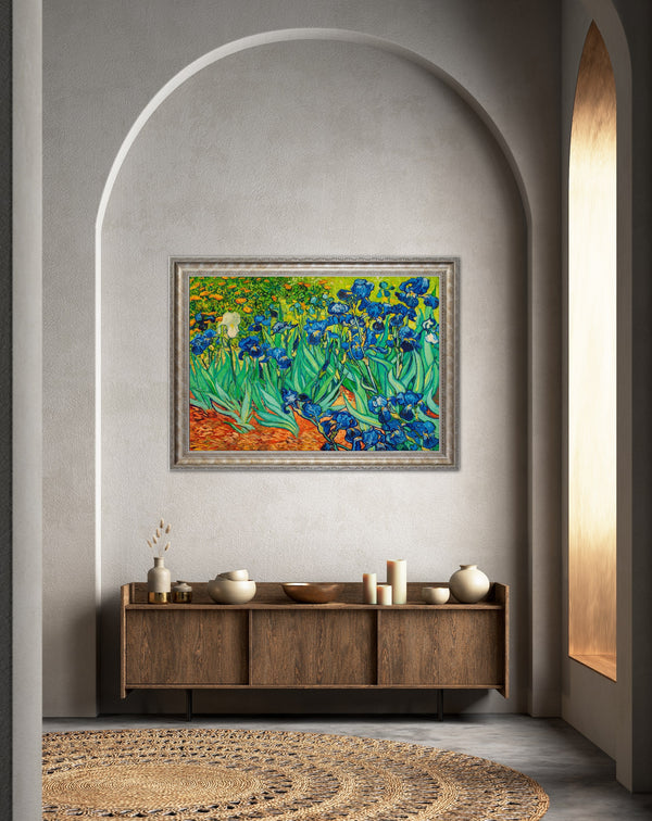 Irises - Painted by Vincent Van Gogh - Circa. 1890. Premium Gold & Silver Patinated Frame. Ready to Hang! Stunning Designer Statement! Available in 3 Sizes - Small - Medium & Large.